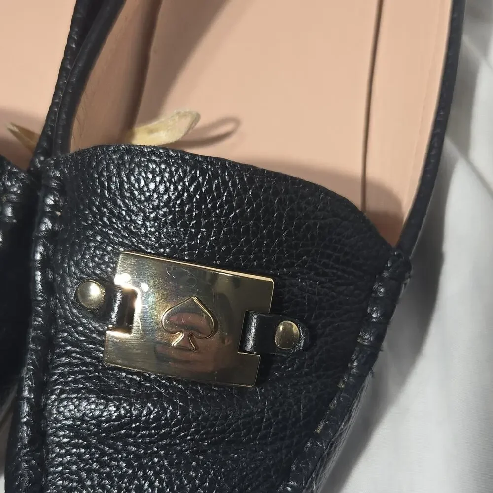 Kate Spade‎ NY Leather Loafers Womens 6B Black Gold Logo Hardware Slip On Ballet